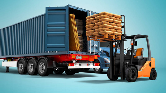 现代概念从带有拖车的卡车和带有建筑材料的拖车和带有托盘的橙色叉车从蓝色装卸货物的现代概念在蓝色背景上带有阴影的隔离设计图片