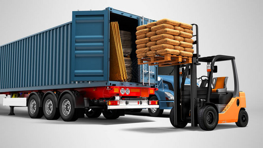 派遣现代概念从带有拖车的卡车和带有建筑材料的拖车和带有托盘的橙色叉车从蓝色装卸货物的现代概念在灰色背景上带有阴影的隔离设计图片