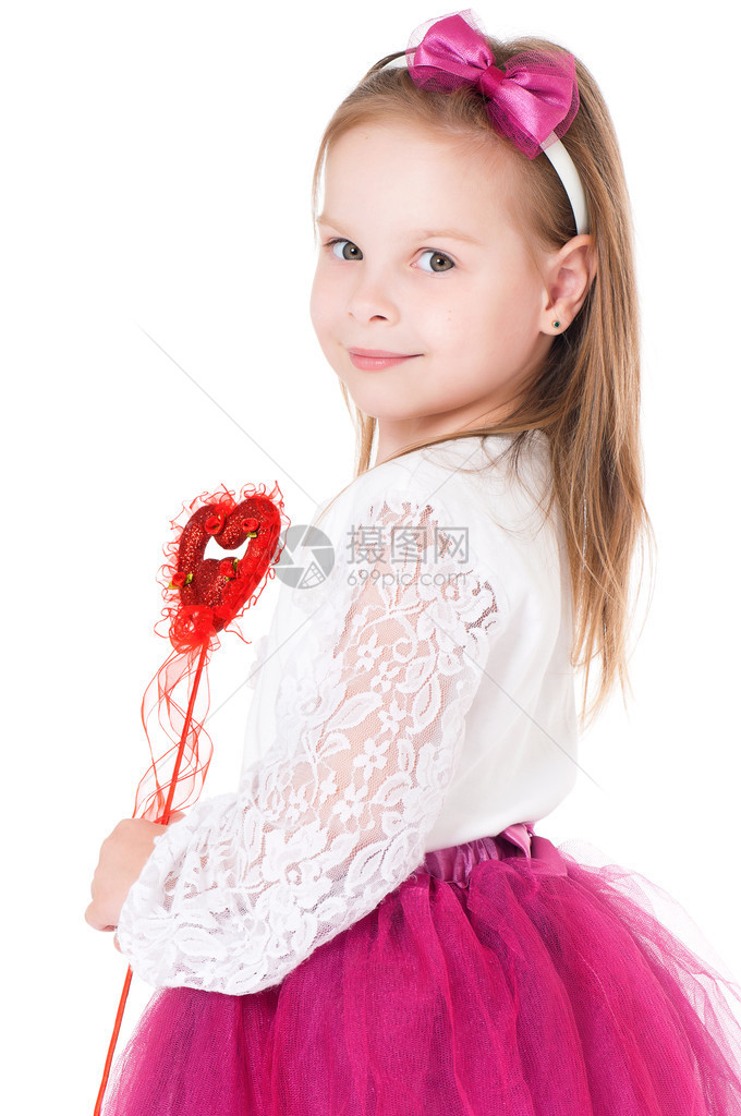 美丽的小女孩穿着仙女装带着魔法杖孤立图片