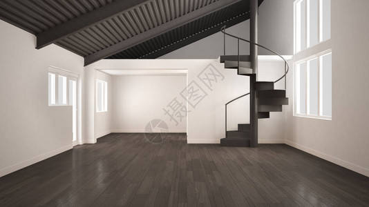 白色和灰色的现代空荡的室内带夹层的开放空间和极简主义的螺旋楼梯图片