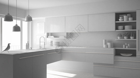 全白色的现代最小型厨房项目图片