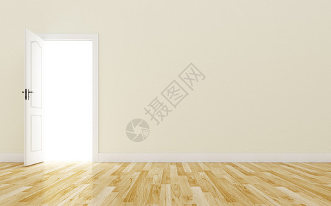 在棕色墙壁上打开白色门木地板背景图片