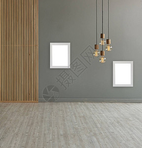 现代木质隔板前的灰墙现代吊灯图片