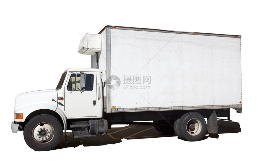白色冷藏运货卡车的侧面视图片
