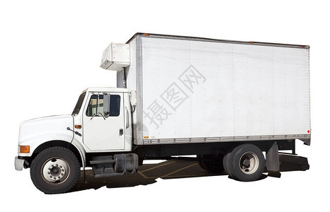 白色冷藏运货卡车的侧面视图片