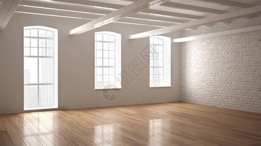 空的经典工业空间有木地板和大窗户的开放房间现图片