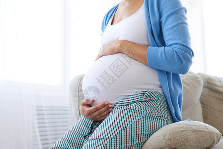 种植的孕妇用温暖光照着她的腹部握图片