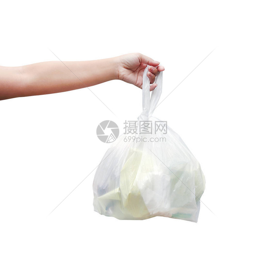手拿着白色背景的废塑料垃圾袋手拿着垃图片