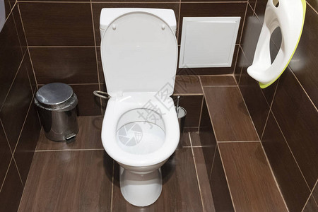 厕所里的白色厕所棕色瓷砖图片