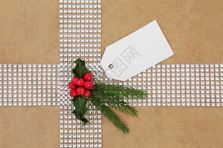 圣诞礼物包着钻石斑纹带标签和Holly图片