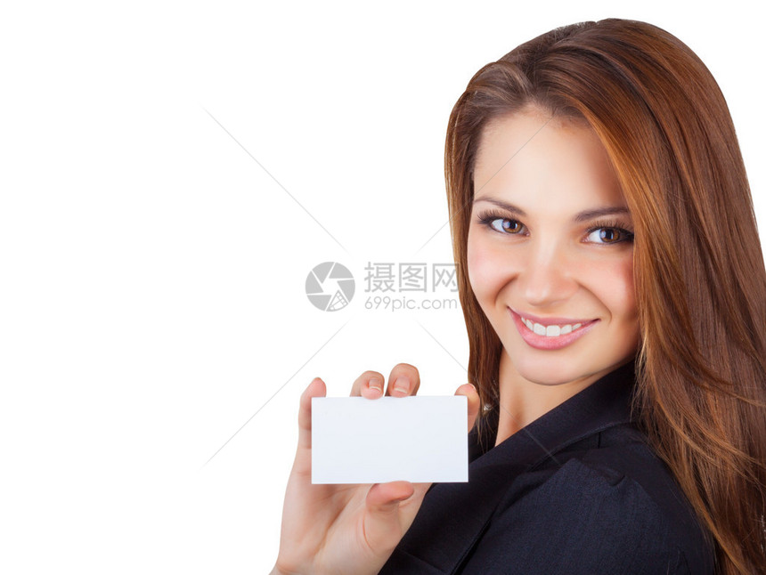 美丽的女商人展示一张白色背景孤立的名片图片