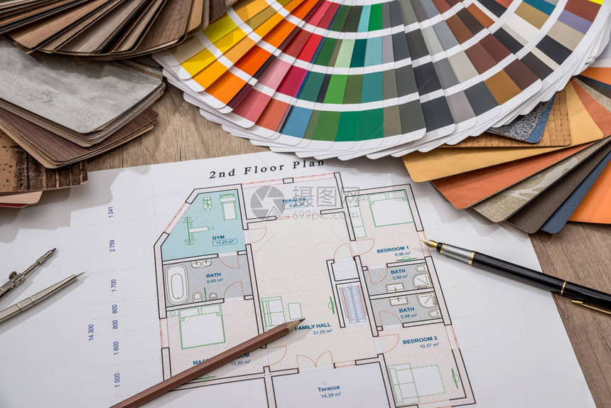 室内工程家具设计的建筑图纸配有彩色调盘图片