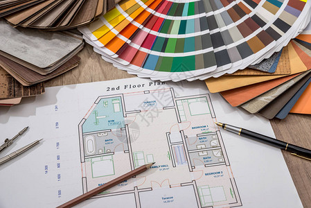 室内工程家具设计的建筑图纸配有彩色调盘图片