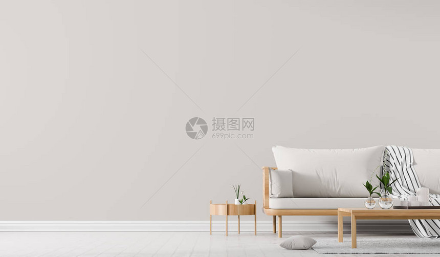 内墙用斯堪的纳维亚风格的沙发和咖啡桌模拟图片