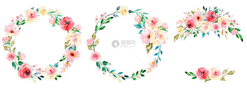 带花环的装饰概念水彩花卉剪贴画图片