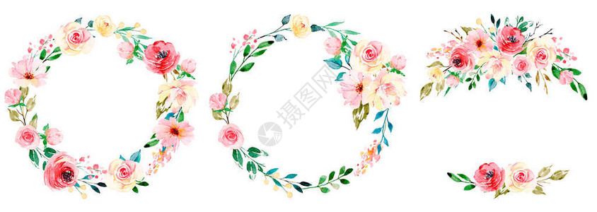 带花环的装饰概念水彩花卉剪贴画图片