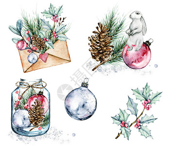 水彩圣诞套装在白色背景上隔离圣诞贺卡设计图片