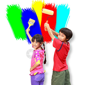 小画家和两个小孩身着彩漆滚图片