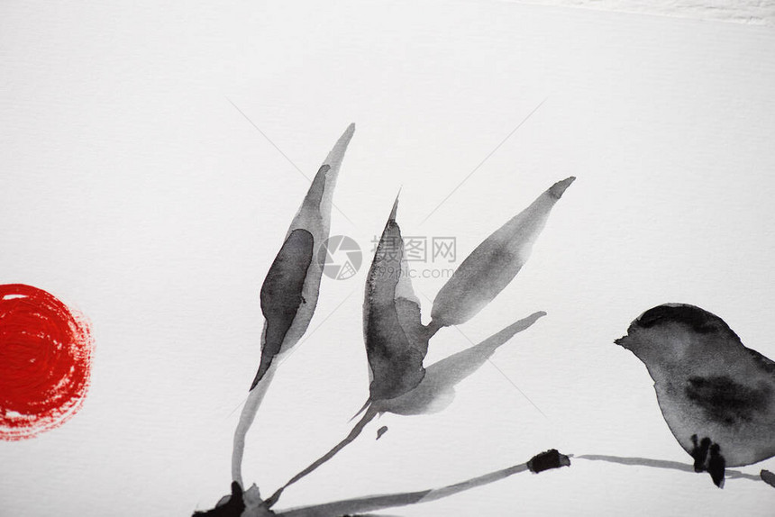 白底的日画和树枝上的鸟图片