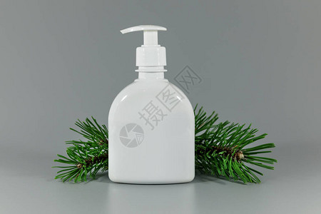 灰色背景中松树枝的白色空白香水分配器瓶图片