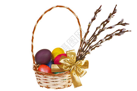 复活节棕榈猫和带复活节鸡蛋的篮图片