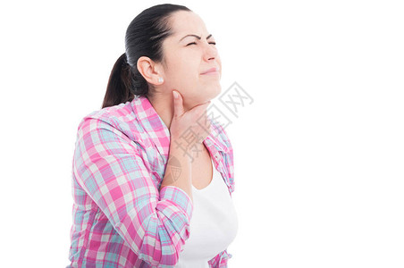 妇女因喉咙疼痛而感到非常痛苦图片