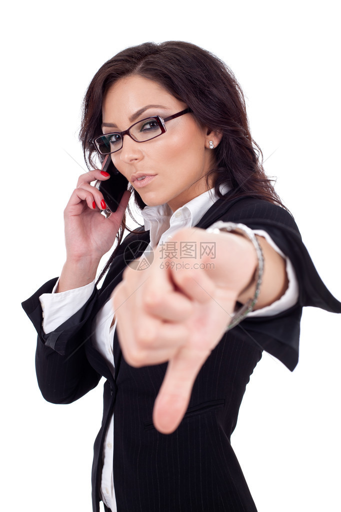 大拇指向下手势和手机的女商人图片