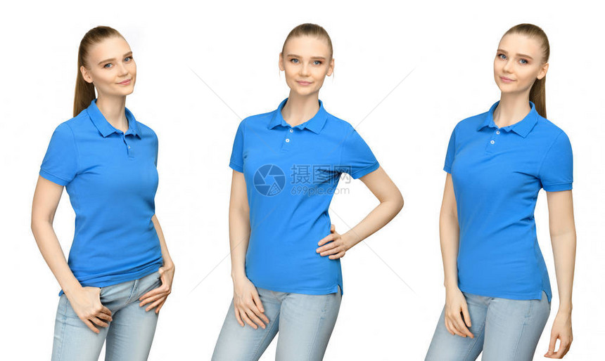 设置促销姿势女孩在空白蓝色polo衫样机设计打印和概念模板年轻女子在T恤正面和半转侧视图隔离白色背图片