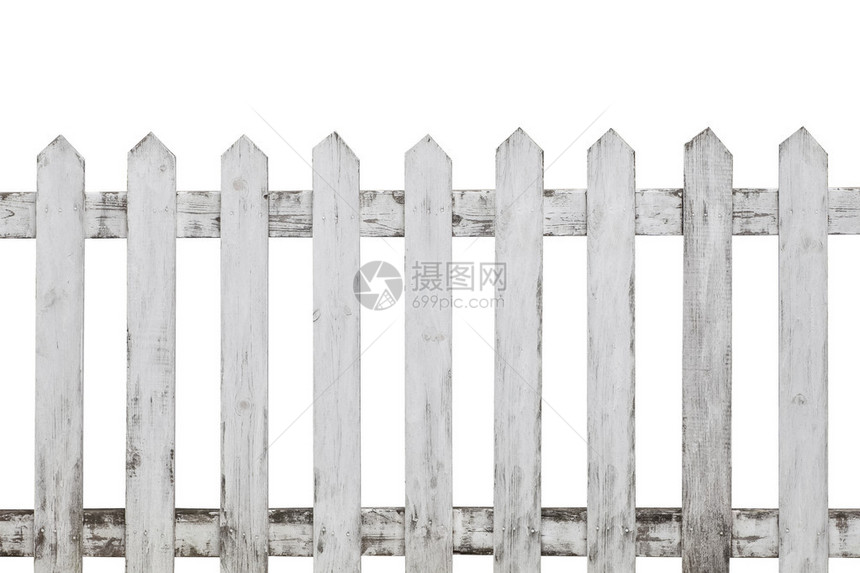 白色背景上孤立的旧白色木栅栏图片