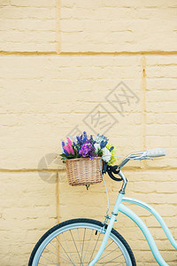 近墙边篮子上美丽多彩鲜花图片