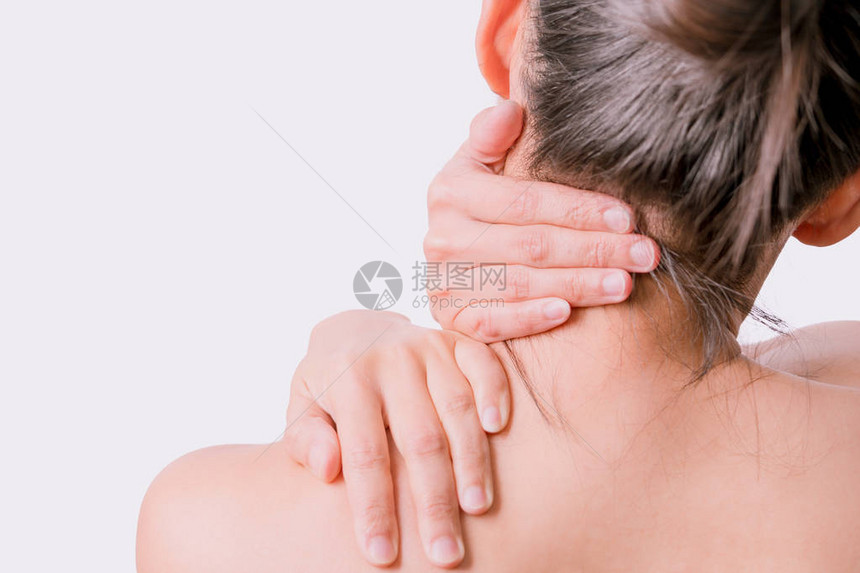 白种背景卫生保健和医疗概念的妇女颈部和肩部疼痛图片
