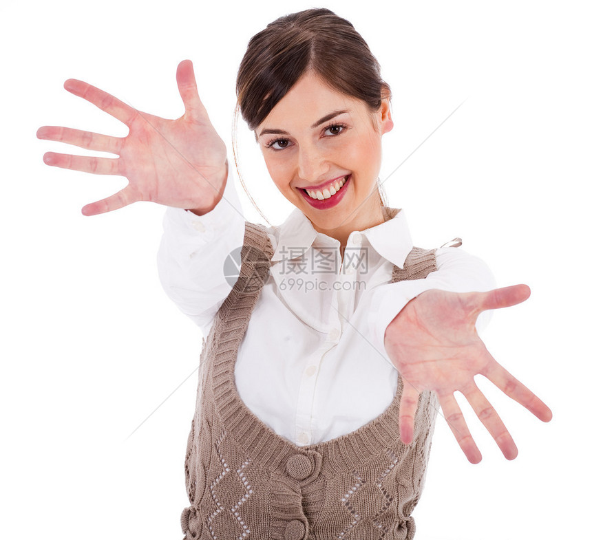妇女用白色背景举起手来张图片