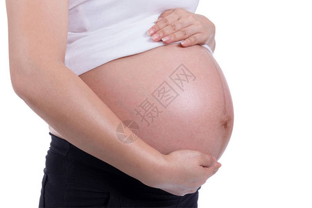孕妇用手放在白色背景上图片