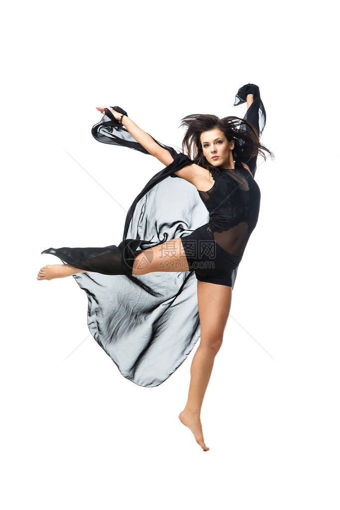 美丽的现代舞女假扮着穿黑色衣服跳孤立图片