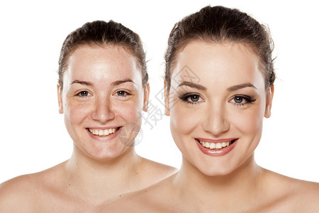 比较化妆和化妆的女人的肖像图片