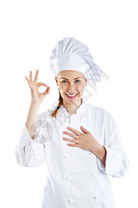 厨师女人用手做一个完美的手势图片
