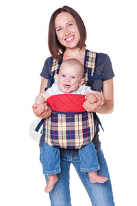 带着婴儿在背包里与白种背景隔图片