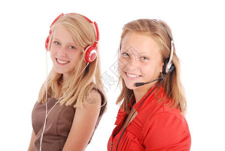 美丽的客户服务运营商戴耳机的女生学孤立图片
