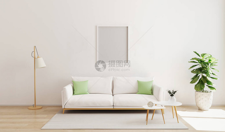 在现代室内背景中模拟框架斯堪的纳维亚风格明亮舒适的内部背景有白色墙壁的和有对比枕头的沙发图片