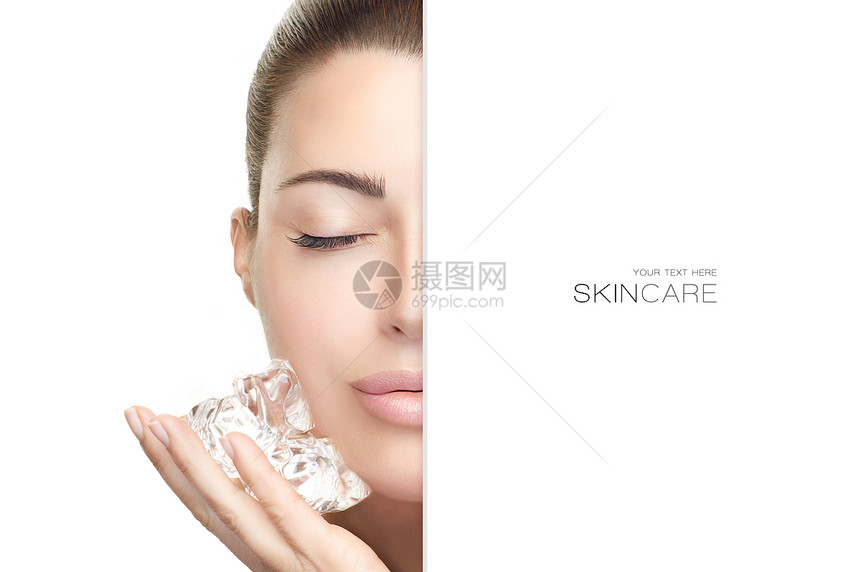 美丽的脸spa女人与新鲜干净的皮肤在脸颊上应用冰块健康的皮肤皮肤护理图片