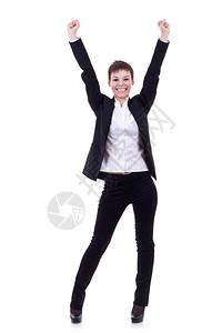 快乐的女商人举起手来欢庆她的胜利孤立图片