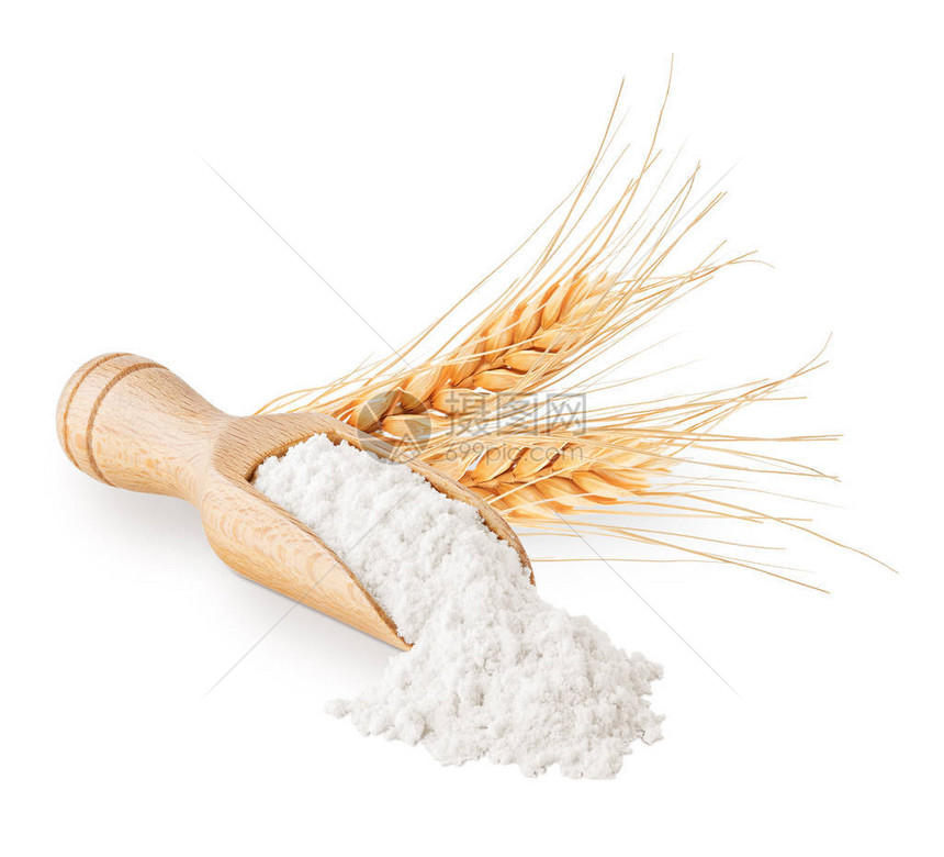 小麦粉和隔离在白色背景图片