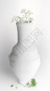 白色陶瓷花瓶和白色背景上小白花的静图片