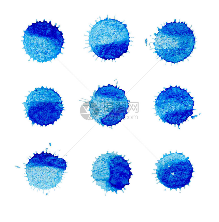 白色背景上的蓝色水彩标签和形状图片