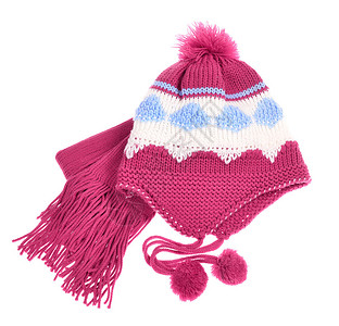 粉红色羊毛编织的冬帽和白后图片