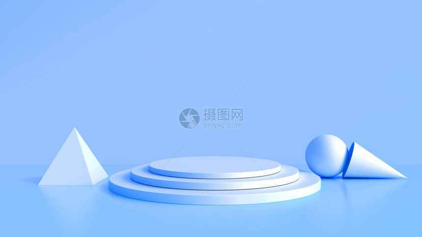 白色产品站在蓝色背景上抽象的最小几何概念工作室讲台平主题展览和商业营销演示阶段3D插图图片