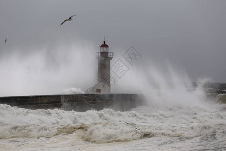 大海浪撞击后的风喷雾旧杜罗河口灯塔和图片