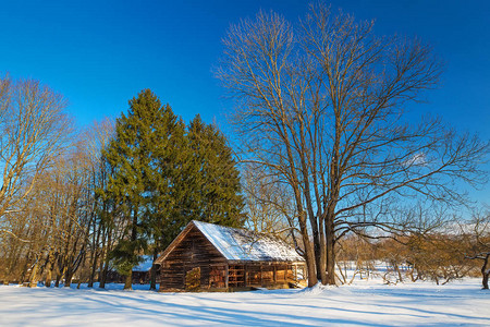 冬天阳光明媚的老木屋古典俄图片