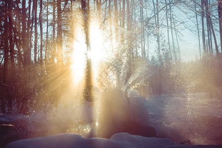 冬天的加奇纳间歇泉从地面喷出的水柱从水中生长的冰图片