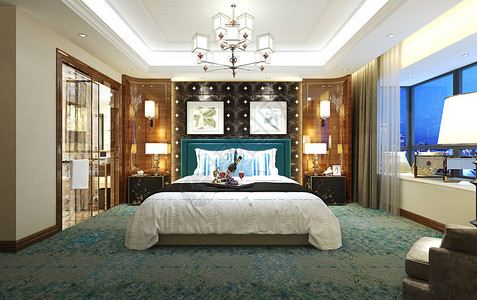 豪华酒店卧室的3d渲染图片